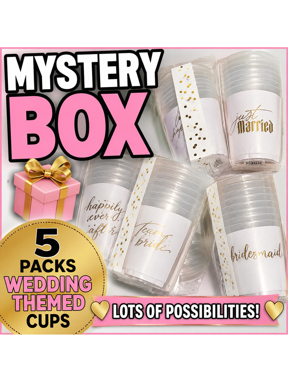 Wedding Party Cups Mystery Box 40 Cups 5 Packs Bride Bridal Shower NEW